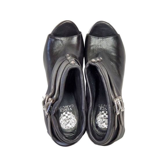 Vince Camuto Leather Heel Ankle Bootie 8 Black Open Toe Silvertone Buckles - Picture 6 of 8